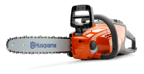 An orange and black Husqvarna 120i Battery Chainsaw (Skin Only) with a gray blade, featuring the Husqvarna logo and text on the blade. The chainsaw is modern in design with ergonomic handles and safety features, ideal for forestry tasks. It is positioned on a white background.