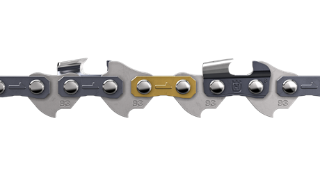 Close-up of a section of the Husqvarna Saw Chain Loop 3/8" LP .050" Semi Chisel - X-CUT S93G-56DL, featuring linked metal segments including a distinct yellow link among the silver-colored links, each secured with rivets. This essential arborist's tool by Husqvarna highlights exceptional cutting efficiency.