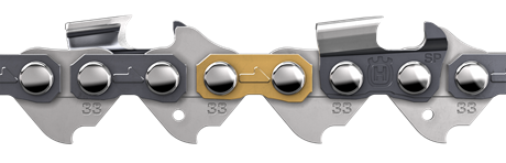 Close-up of the Husqvarna Saw Chain Loop .325" .050 Pixel - Semi Chisel X-CUT SP33G-80DL, featuring a mix of silver and gold-colored links. The chain boasts sharp, angled teeth designed for cutting, highlighting its high cutting efficiency and the intricate interlocking mechanism of the segments. The background is white.