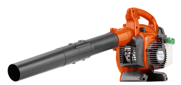 A Husqvarna 125B Blower with an orange and black design, perfect for garden tasks. The machine features a long nozzle for directing airflow and a small white fuel tank attached to the back. The engine compartment is visible with air vents on the side, making it ideal for any outdoor setting.