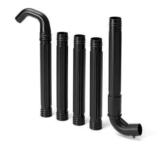 The Husqvarna Blower - Gutter Cleaning Kit by Husqvarna includes five black plastic pipe fittings of varying lengths and shapes. This set comprises two straight pipes, two elbow joints, and a 90-degree bent pipe segment. All fittings are designed with ribbed ends for secure connections, making it perfect for blower-assisted leaf removal.