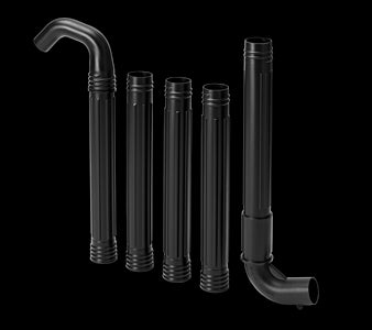 The Husqvarna Blower - Gutter Cleaning Kit by Husqvarna includes five black plastic pipe fittings of varying lengths and shapes. This set comprises two straight pipes, two elbow joints, and a 90-degree bent pipe segment. All fittings are designed with ribbed ends for secure connections, making it perfect for blower-assisted leaf removal.