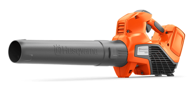 An orange and black Husqvarna 120iB Battery Blower Kit with a streamlined design. Ideal for the garden or forestry tasks, it has a large tubular nozzle and ergonomic handle, featuring the Husqvarna logo on the side of the nozzle.