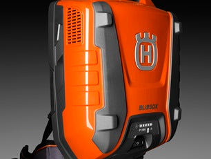 A Husqvarna BLi550X Backpack Battery with a harness system and a connecting cable. The battery features a black handle and the Husqvarna logo on the front, designed for use with electric outdoor power equipment. Ideal for forestry and outdoor tasks, the brand name is visible on the harness belt.