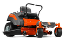 A prominently displayed Husqvarna Z248F Zero Turn lawn mower in bright orange, black, and gray catches the eye. It boasts a comfortable seat with armrests, dual steering levers for precision control, and large rear wheels that ensure easy maneuverability. The wide mower deck is ideal for extensive lawn care, and it comes with a 5-year warranty.