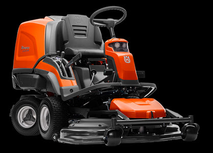 A modern, orange and black Husqvarna RC320TS AWD Rider Mower - Grass collecting with a high-backed seat, steering wheel, and dual headlights. Designed for power and performance, the mower features sturdy wheels and a cutting deck beneath the front. The brand logo is visible on the front and side of the mower.