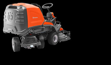 A modern, orange and black Husqvarna RC320TS AWD Rider Mower - Grass collecting with a high-backed seat, steering wheel, and dual headlights. Designed for power and performance, the mower features sturdy wheels and a cutting deck beneath the front. The brand logo is visible on the front and side of the mower.