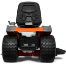 A Husqvarna TS242TXD Ride-On Mower is shown in bright orange, featuring a comfortable gray seat with armrests, large textured tires, and a robust ClearCut™ deck underneath. The side discharge tractor boasts a modern design with the prominent Husqvarna logo on its front.