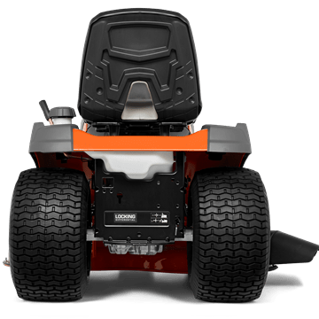 A Husqvarna TS242TXD Ride-On Mower is shown in bright orange, featuring a comfortable gray seat with armrests, large textured tires, and a robust ClearCut™ deck underneath. The side discharge tractor boasts a modern design with the prominent Husqvarna logo on its front.