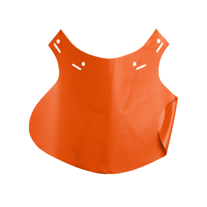 The Husqvarna Chainsaw Helmet Neck Protector is a sleek, orange accessory crafted from a smooth, flexible material. It has two rectangular cutouts near the top for attachment and additional cutouts lower down for secure fastening around the waist. Featuring a curved bottom edge and minimalist design, it's the perfect addition to complement your Husqvarna gear.
