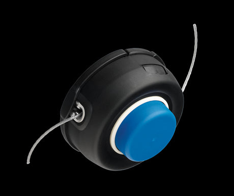 A Husqvarna Trimmer Head (TAP ‘N’ GO)-T35-X M10, boasting high durability, features a black and blue design with two strings protruding from both sides. The blue part is circular and centered within the black casing. This semi-automatic cord feed trimmer head appears ideal for a string trimmer or weed eater.