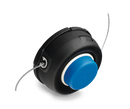 A Husqvarna Trimmer Head (TAP ‘N’ GO)-T35-X M10, boasting high durability, features a black and blue design with two strings protruding from both sides. The blue part is circular and centered within the black casing. This semi-automatic cord feed trimmer head appears ideal for a string trimmer or weed eater.