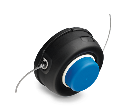 A Husqvarna Trimmer Head (TAP ‘N’ GO)-T35-X M10, boasting high durability, features a black and blue design with two strings protruding from both sides. The blue part is circular and centered within the black casing. This semi-automatic cord feed trimmer head appears ideal for a string trimmer or weed eater.