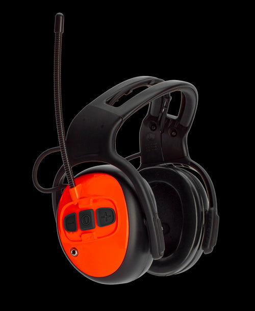 The Husqvarna Ear Muffs Hearing Protectors FM Radio are black and orange over-ear headphones equipped with an attached microphone, FM radio, and control buttons on the right ear cup. These headphones boast a sturdy headband with cushioning for comfort and include a 3.5mm audio input jack for versatile connectivity.