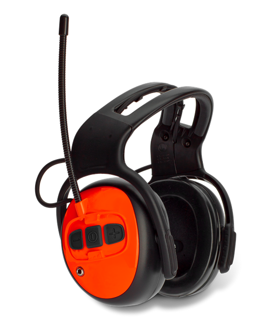 The Husqvarna Ear Muffs Hearing Protectors FM Radio are black and orange over-ear headphones equipped with an attached microphone, FM radio, and control buttons on the right ear cup. These headphones boast a sturdy headband with cushioning for comfort and include a 3.5mm audio input jack for versatile connectivity.