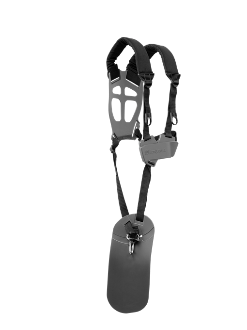 The Husqvarna Harness - Duo Balance 35B by Husqvarna is an ergonomic harness with padded shoulder straps and adjustable buckles, designed for carrying and distributing the weight of battery trimmers. Attached to the bottom is a sturdy, cylindrical support piece.