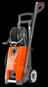 The Husqvarna PW360 Water Blaster is perfect for outdoors, featuring a hose reel on top and handle. It has two large wheels at the back for easy mobility and a power cord neatly wrapped around the side. The brand logo "Husqvarna" is prominently displayed on the front.