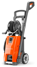 The Husqvarna PW360 Water Blaster is perfect for outdoors, featuring a hose reel on top and handle. It has two large wheels at the back for easy mobility and a power cord neatly wrapped around the side. The brand logo "Husqvarna" is prominently displayed on the front.