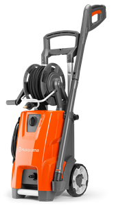 The Husqvarna PW360 Water Blaster is perfect for outdoors, featuring a hose reel on top and handle. It has two large wheels at the back for easy mobility and a power cord neatly wrapped around the side. The brand logo "Husqvarna" is prominently displayed on the front.