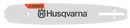 A close-up of the Husqvarna X-Force Guide Bar 14" 3/8" LP .050" 52DL Small Bar Mount (A095) showcases its branding. The lightweight bar is primarily gray with black text and an orange section near one end, featuring a hole and a slot for the chain to enhance chainsaw performance.