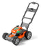 An orange and gray Husqvarna Toys Husqvarna Toy Lawn Mower with four large wheels, perfect for outdoor chores. The handle, upright for easy use, displays an AWD label. A transparent section on the body reveals internal components, adding to its appeal as a toy mower for children who love to mimic adults.