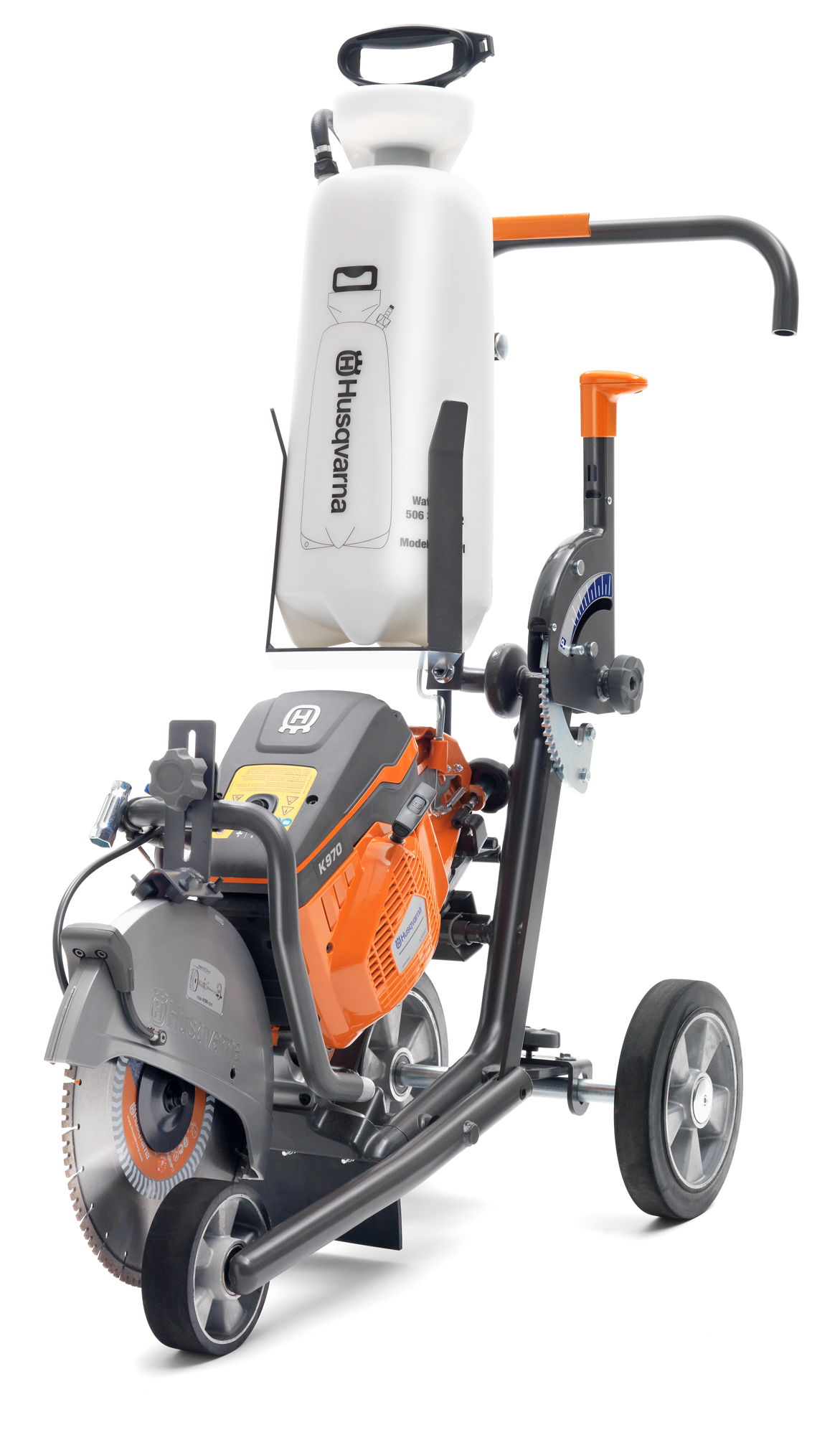 A professional-grade concrete cutting machine with an integrated water tank for dust suppression, perfect for outdoor use. The Husqvarna KV970 Power Cutter trolley is equipped with a powerful large circular saw blade, sturdy frame, and wheels for mobility across lawns. The water tank proudly displays the Husqvarna logo.