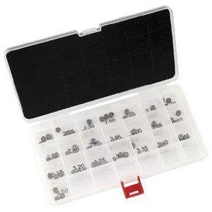 A white plastic organizer box from VERTEX is shown with its transparent lid open. The box contains various small metal parts, neatly separated into different compartments and labeled with sizes like 2.80, 3.00, and 3.20—making it ideal for the HOT CAMS 10.00MM SHIM KIT (1.85-3.20 IN 0.05MM INCREMENTS WITH 3 OF EACH SIZE) you might need for your KTM Adventure bike maintenance. A red latch is visible at the bottom of the box.
