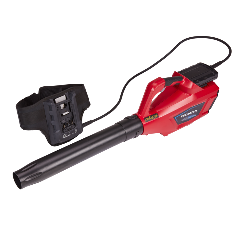 The Honda HHB36 Battery Blower Kit from Honda Power Equipment is a red and black, 36V battery-powered leaf blower with a long nozzle and detachable battery. It features a powerful electric motor, with a harness and straps to be worn around the waist for easier handling, complemented by a handle on top for convenience.