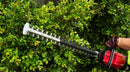 A red and black cordless Honda HHH36 Battery Hedge Trimmer Kit from Honda Power Equipment with a long dual-action blade and ergonomic handle, perfect for gardens. The tool features a safety guard and controls on the top housing.