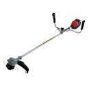 A red and silver gasoline-powered string trimmer/brush cutter with a long straight shaft, bicycle-style handles, and a black cutting head at the end. Experience similar performance to the Honda HHT36 Battery Brushcutter Kit from Honda Power Equipment for efficient yard maintenance.