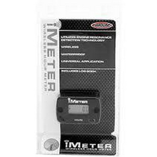 Introducing the HARDLINE Hour Meter Wireless for Motorcycles, a packaged accessory featuring an LCD screen. The packaging emphasizes its standout features: wireless operation, waterproof design, universal link cable compatibility, and an engine vibration sensor. The prominent HARDLINE logo and supplementary information are displayed on the upper section of the packaging.