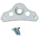 A corrosion-resistant aluminum bracket with a central circular hole and two smaller holes on either side, accompanied by two small screws placed below, against a white background, is used to mount the HARDLINE HOUR METER MOUNT HARDLINE MOUNTS YOUR HARDLINE HOUR METER INSTRUMENT STYLE.