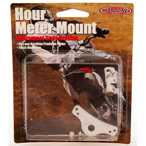 A corrosion-resistant aluminum bracket with a central circular hole and two smaller holes on either side, accompanied by two small screws placed below, against a white background, is used to mount the HARDLINE HOUR METER MOUNT HARDLINE MOUNTS YOUR HARDLINE HOUR METER INSTRUMENT STYLE.