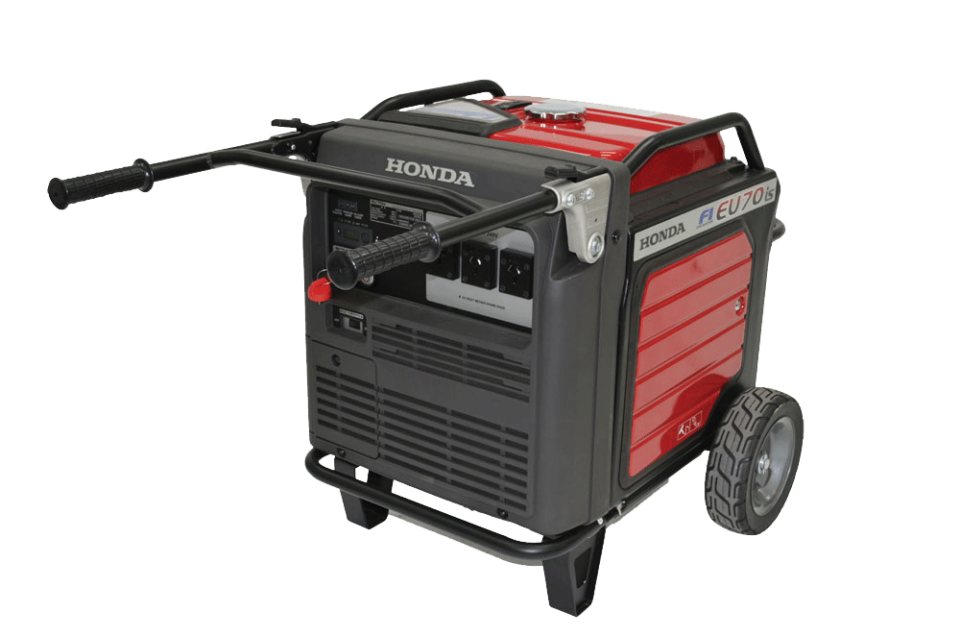 An advertisement for the Honda Power Equipment Honda EU70iS Inverter Generator, priced at $7,699 including GST. Perfect for motorbike enthusiasts seeking reliable power on the go, this model features a GX390 engine, 7000W max output, up to 18 hours of runtime, an LCD control panel, and electric start. Save $700 with our red banner offer!