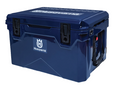 The Husqvarna 45L Ice Box is a blue, rectangular, heavy-duty cooler featuring the prominent Husqvarna logo on both the front and top. It includes sturdy black latches, a convenient built-in ruler, and a strong side handle for easy carrying.