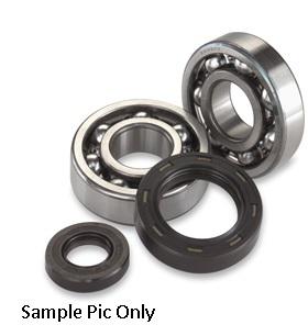 A set of crank bearings and seals arranged on a plain white background. There are three metallic bearings of varying sizes and two black seals, also in different sizes. Text at the bottom left corner reads "Sample Pic Only." Perfect for your CRANK BEARINGS & SEALS KIT HOT RODS HUSQVARNA TC50 17-19 KTM 50SX 13-19 needs. Brand Name: VERTEX.