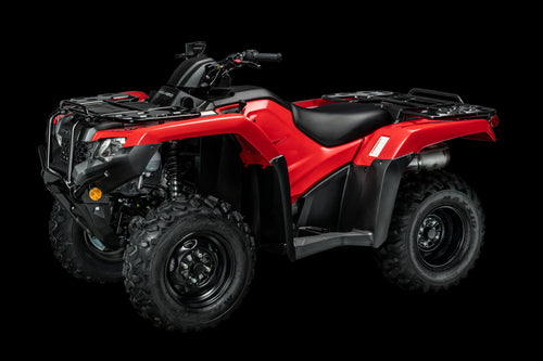 The Honda TRX420FM2, an all-terrain vehicle (ATV) in a striking red color, boasts large, knobby tires and a sturdy suspension system. This ATV also features a black seat, handlebar with controls, cargo racks on both the front and rear ends, rugged fenders, and advanced Electronic Power Steering (EPS). Designed by Honda for off-road use, this vehicle is built to tackle challenging terrains with ease.
