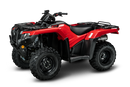 The Honda TRX420FM2, an all-terrain vehicle (ATV) in a striking red color, boasts large, knobby tires and a sturdy suspension system. This ATV also features a black seat, handlebar with controls, cargo racks on both the front and rear ends, rugged fenders, and advanced Electronic Power Steering (EPS). Designed by Honda for off-road use, this vehicle is built to tackle challenging terrains with ease.