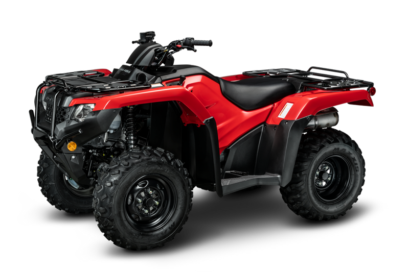 The Honda TRX420FM2, an all-terrain vehicle (ATV) in a striking red color, boasts large, knobby tires and a sturdy suspension system. This ATV also features a black seat, handlebar with controls, cargo racks on both the front and rear ends, rugged fenders, and advanced Electronic Power Steering (EPS). Designed by Honda for off-road use, this vehicle is built to tackle challenging terrains with ease.
