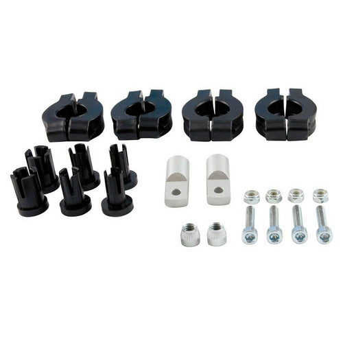 The HANDGUARD MOUNTS RTECH PLASTIC MOUNTS UNIVERSAL 22MM TO 28MM BAR, a collection of various mechanical components, is arranged neatly. The parts include black and silver metal clamps, plastic spacers, threaded bolts, and two metal cylindrical nuts. This product appears to be part of a mounting or assembly kit for Hand Guard Mounts on handlebars measuring between 22mm to 28mm by RTECH.