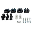 The HANDGUARD MOUNTS RTECH PLASTIC MOUNTS UNIVERSAL 22MM TO 28MM BAR, a collection of various mechanical components, is arranged neatly. The parts include black and silver metal clamps, plastic spacers, threaded bolts, and two metal cylindrical nuts. This product appears to be part of a mounting or assembly kit for Hand Guard Mounts on handlebars measuring between 22mm to 28mm by RTECH.