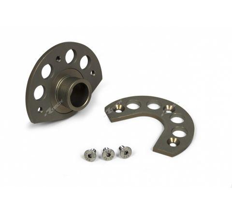 The *DISC GUARD MOUNTING KIT ALUMINIUM FOR RTECH COVER SE250 SE300 14-20 SEF250 SEF300 SEF450 13-20* by RTECH includes a metallic circular mounting bracket with multiple holes, a semicircular counterpart, and three small screws, all displayed on a white background.