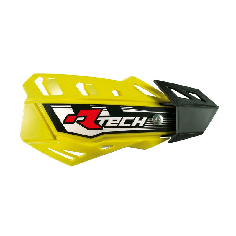 The HANDGUARDS RTECH FLX YELLOW is a yellow and black motorcycle handguard from the brand RTech. The design features a red "R" logo with the word "TECH" in white, placed on a black background with white and black accents. The structure includes angular vent slots and a black mounting area, compatible with universal mounting kits.