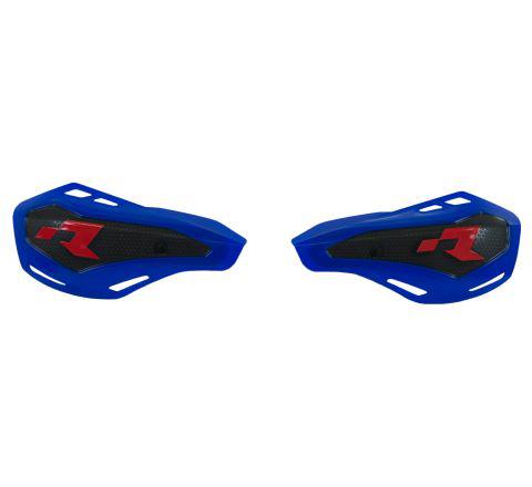 The RTECH Offroad HP1 Ventilated Handguards come in a striking blue color and feature black and red accents, making them ideal for GAS GAS EC200 or Beta motorcycles. Each handguard boasts a distinct red "R" logo along with black mesh-like inserts. Designed for optimal protection, these handguards also include cut-out slits for ventilation or weight reduction and can be mounted to handlebars or levers using the two included mounting kits.