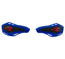 The RTECH Offroad HP1 Ventilated Handguards come in a striking blue color and feature black and red accents, making them ideal for GAS GAS EC200 or Beta motorcycles. Each handguard boasts a distinct red "R" logo along with black mesh-like inserts. Designed for optimal protection, these handguards also include cut-out slits for ventilation or weight reduction and can be mounted to handlebars or levers using the two included mounting kits.