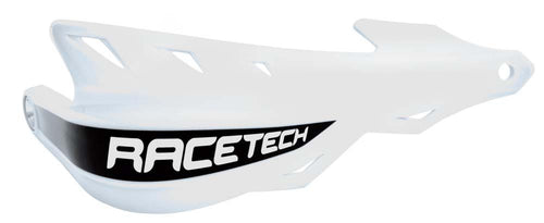 The RTECH HANDGUARDS RTECH RAPTOR WHITE, designed for off-road motorcycles such as Beta or GAS GAS EC200, feature an aerodynamic shape with cut-out sections to reduce weight. A black decal on the side prominently displays "RACETECH" in bold white letters. Note that the MOUNT KIT KITMOUNT014 is required for installation.
