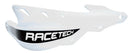 The RTECH HANDGUARDS RTECH RAPTOR WHITE, designed for off-road motorcycles such as Beta or GAS GAS EC200, feature an aerodynamic shape with cut-out sections to reduce weight. A black decal on the side prominently displays "RACETECH" in bold white letters. Note that the MOUNT KIT KITMOUNT014 is required for installation.