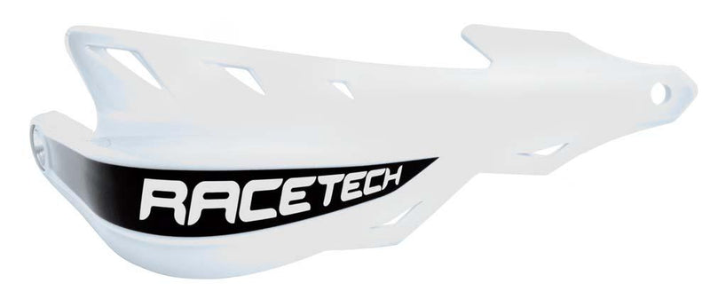 The RTECH HANDGUARDS RTECH RAPTOR WHITE, designed for off-road motorcycles such as Beta or GAS GAS EC200, feature an aerodynamic shape with cut-out sections to reduce weight. A black decal on the side prominently displays "RACETECH" in bold white letters. Note that the MOUNT KIT KITMOUNT014 is required for installation.