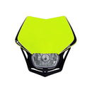 The RTECH FULL LED HEADLIGHT V-FACE NEON YELLOW BLACK is a high-visibility dirt bike headlight mask featuring an integrated clear headlight lens. Its lightweight, angular design boasts black accents and enhances both visibility and style on offroad bikes.