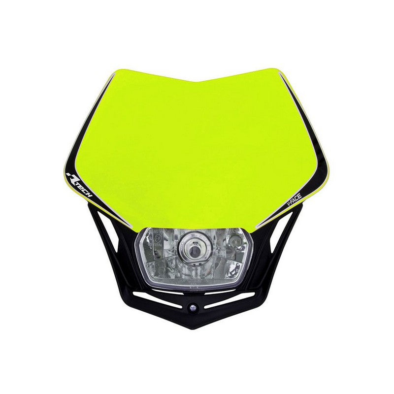 The RTECH FULL LED HEADLIGHT V-FACE NEON YELLOW BLACK is a high-visibility dirt bike headlight mask featuring an integrated clear headlight lens. Its lightweight, angular design boasts black accents and enhances both visibility and style on offroad bikes.